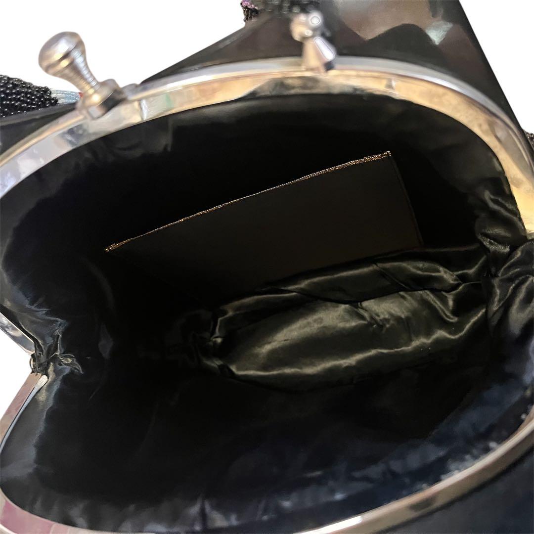 昭和レトロ　ヴィンテージ総ビーズバッグ　 花柄ハンドバッグ 黒がま口