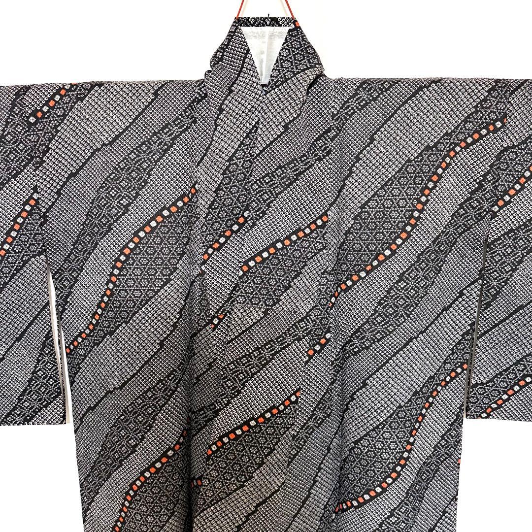 6k15 着物&羽織セット　袷　黒　白　橙色　柄物　和装