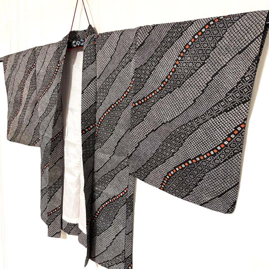 6k15 着物&羽織セット　袷　黒　白　橙色　柄物　和装