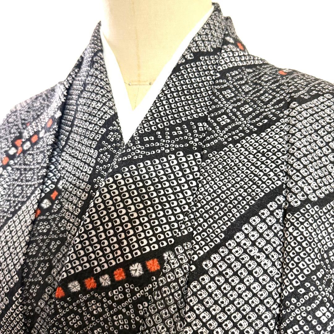 6k15 着物&羽織セット　袷　黒　白　橙色　柄物　和装