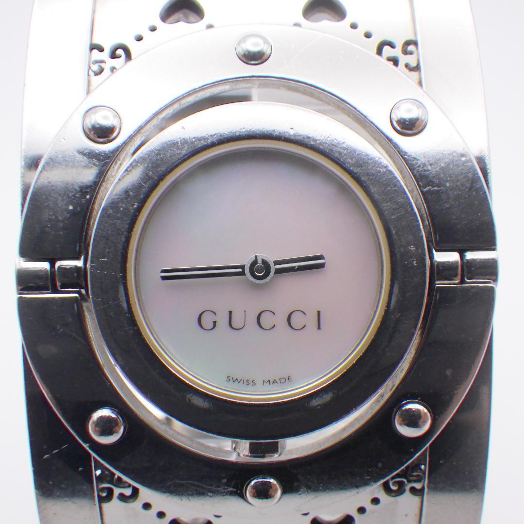 稼働 GUCCI グッチ トワール バングル腕時計 ハートデザイン ピンクシェル