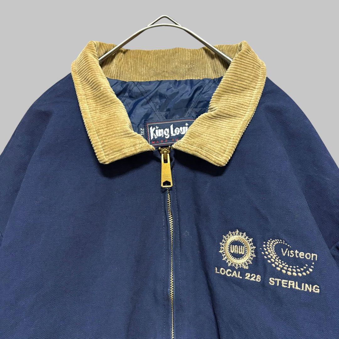 USA製ビンテージダックジャケットネイビー襟コーデュロイ刺繍ロゴ90s古着2XL