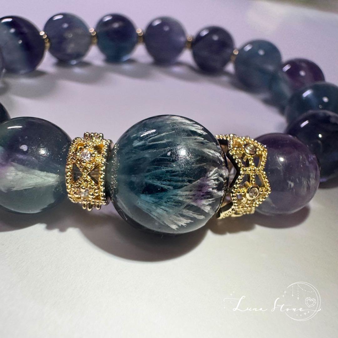 【ブルーフェザーインフローライト】透明感あふれる青の羽模様 天然石 ブレスレット