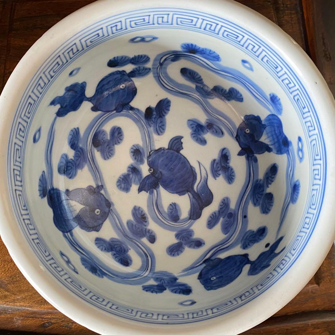 古伊万里染め付け魚藻紋台付中鉢　幕末〜明治