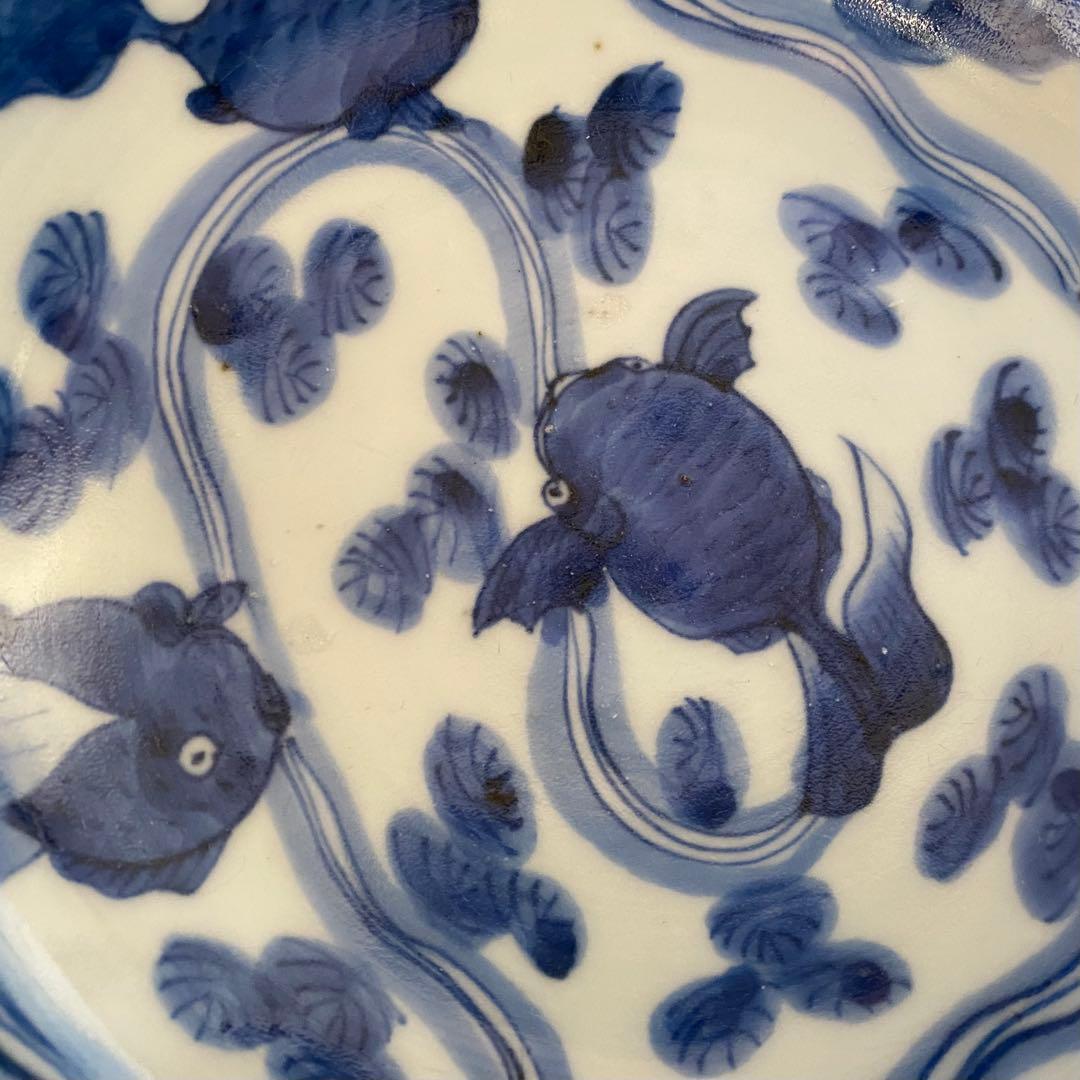 古伊万里染め付け魚藻紋台付中鉢　幕末〜明治