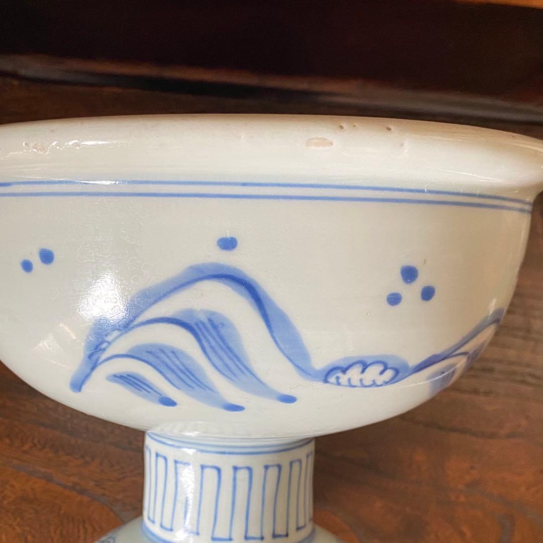 古伊万里染め付け魚藻紋台付中鉢　幕末〜明治