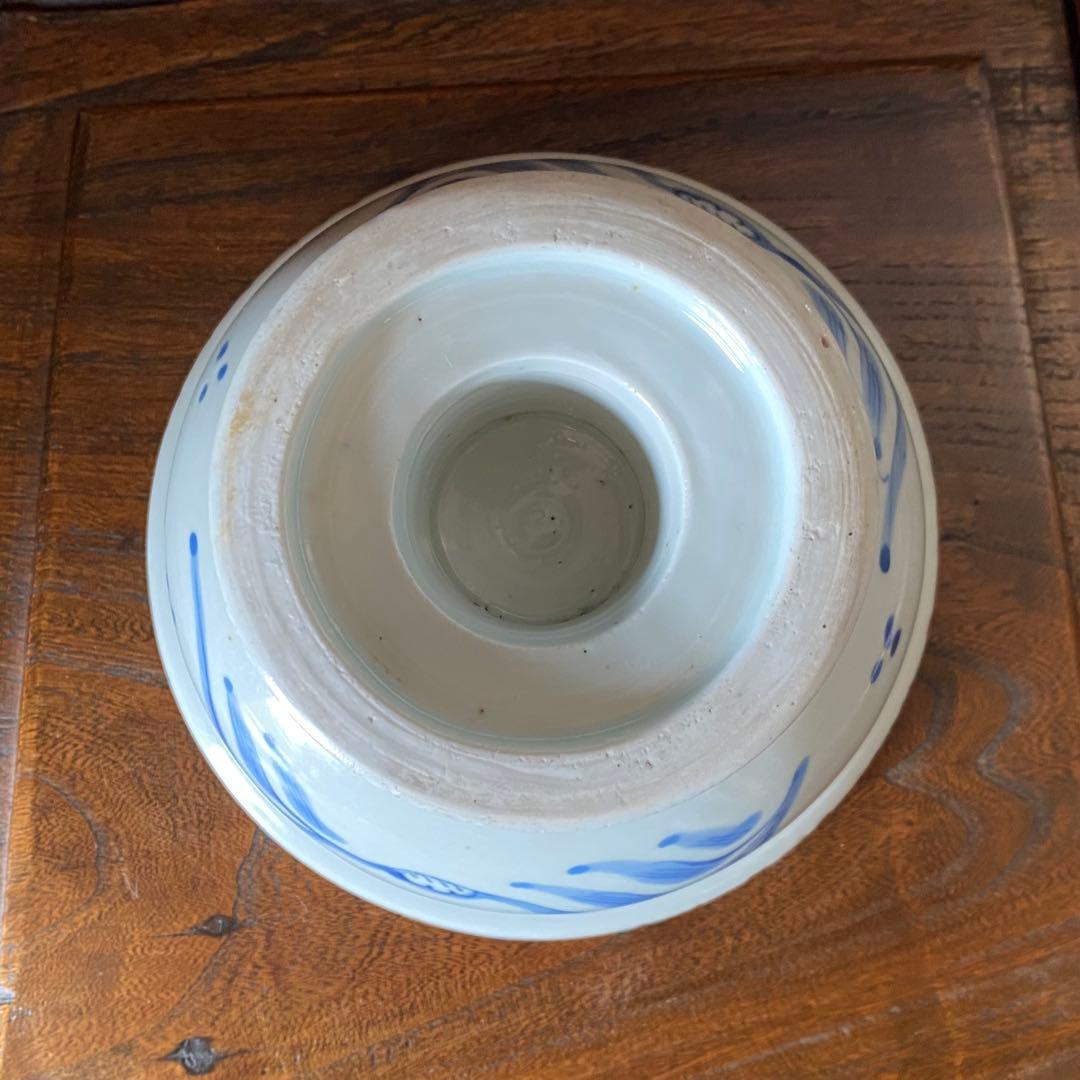 古伊万里染め付け魚藻紋台付中鉢　幕末〜明治