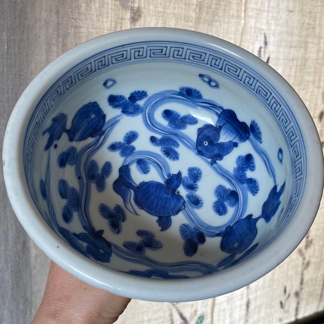 古伊万里染め付け魚藻紋台付中鉢　幕末〜明治