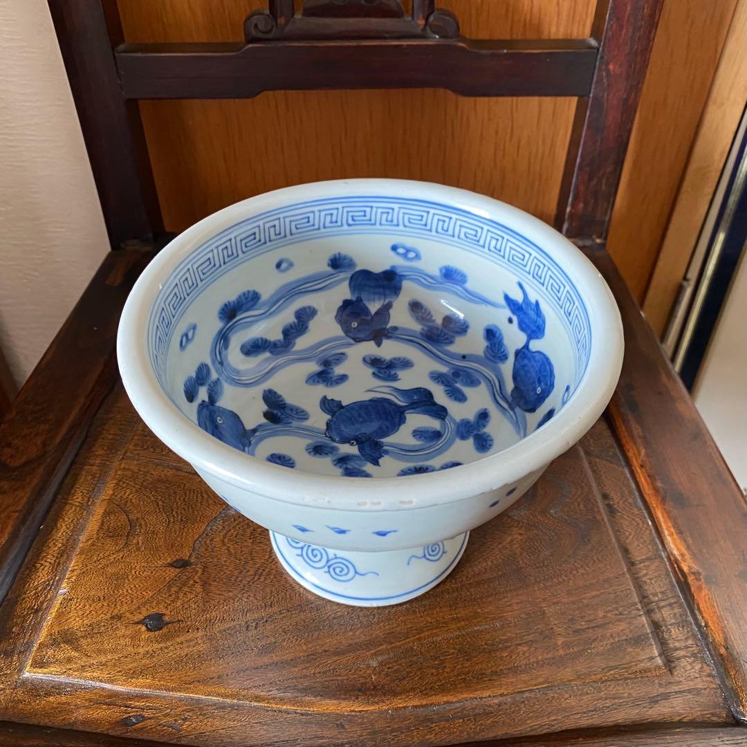 古伊万里染め付け魚藻紋台付中鉢　幕末〜明治