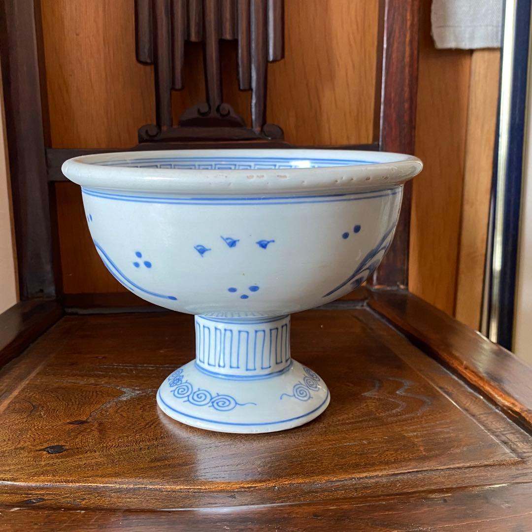 古伊万里染め付け魚藻紋台付中鉢　幕末〜明治