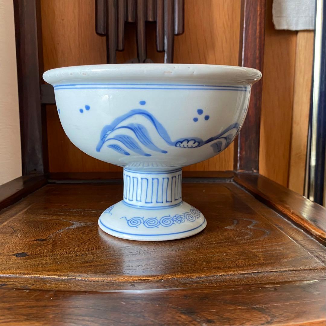 古伊万里染め付け魚藻紋台付中鉢　幕末〜明治