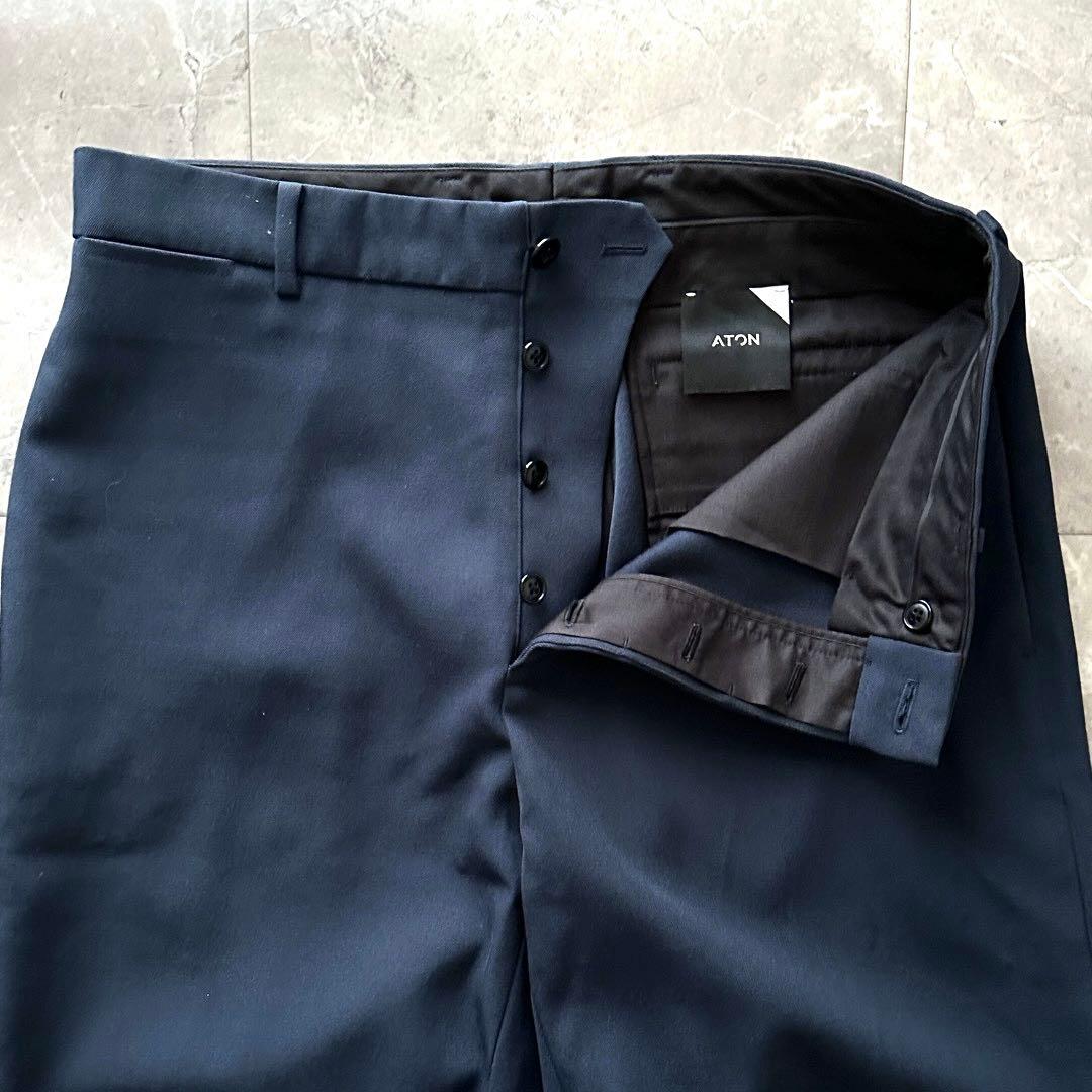 ATON バックサテン スタンダードパンツ スラックス ネイビー サイズL XL