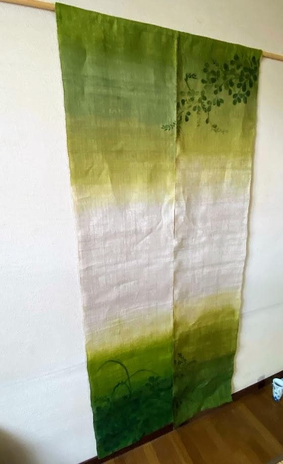 手描き麻暖簾【秋知草】手染め　麻のれん　巾82×178cm　一点物　アンティーク