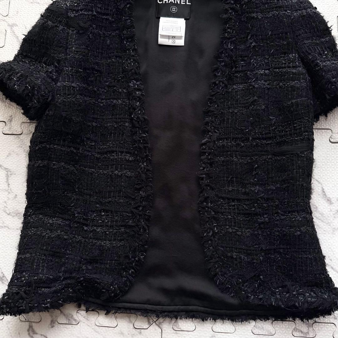 美品✨CHANEL ツイード 半袖 ノーカラージャケット ココマーク金具 05A