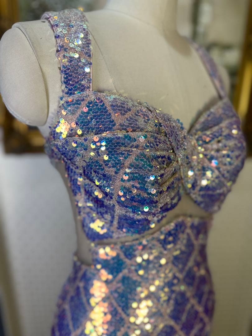 スパンコール装飾の青紫色ドレス