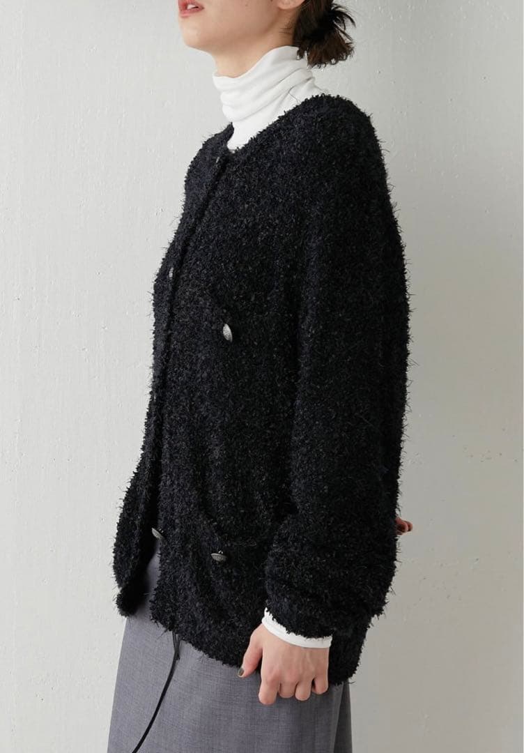Whim Gazette ニットツイードボタンジャケットカーディガン_黒