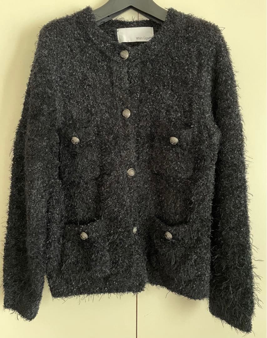 Whim Gazette ニットツイードボタンジャケットカーディガン_黒