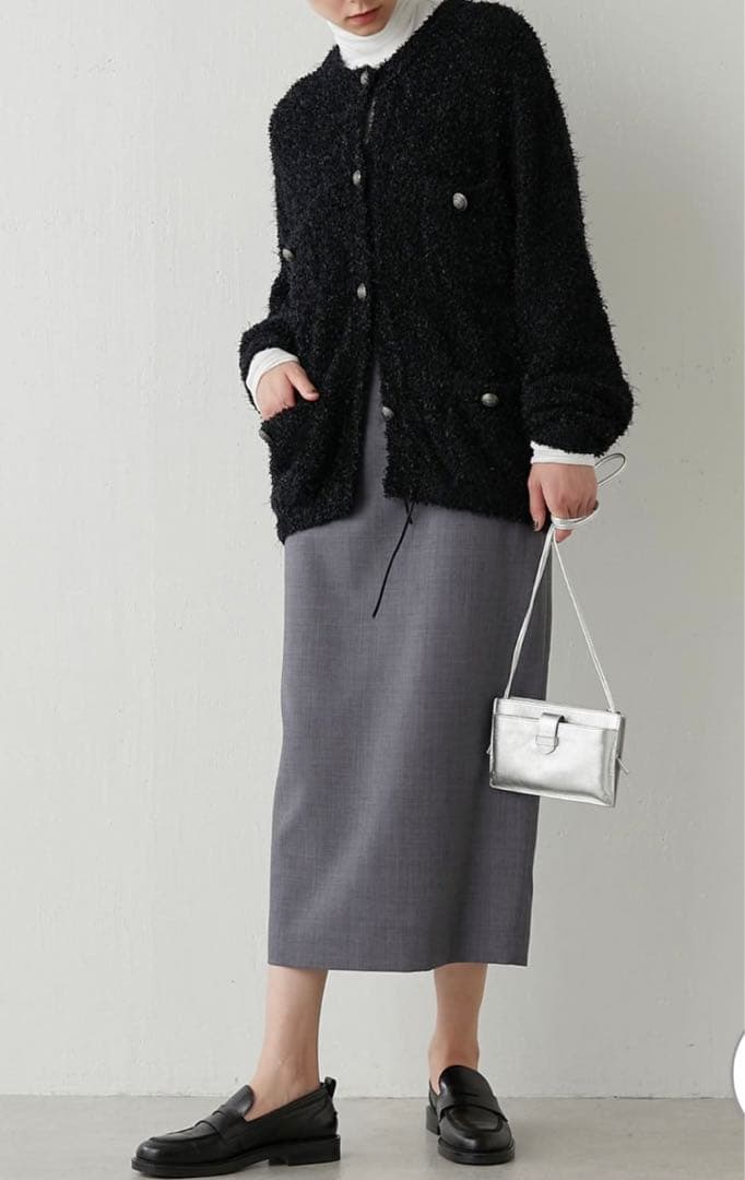 Whim Gazette ニットツイードボタンジャケットカーディガン_黒