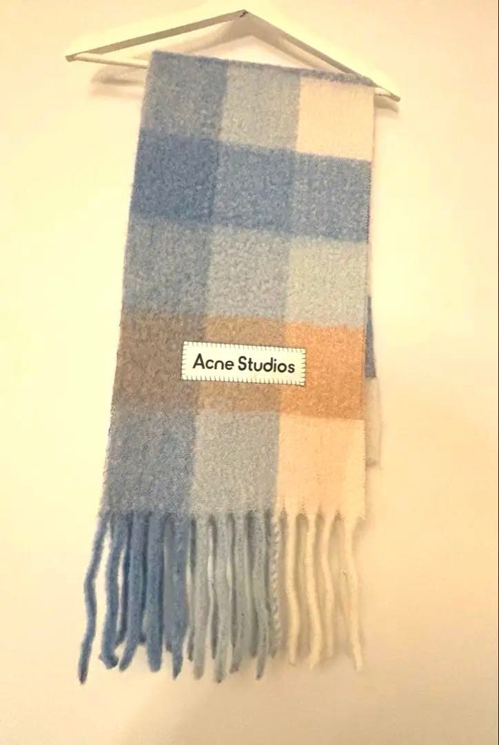 美品Acne Studiosチェックマフラーブルー