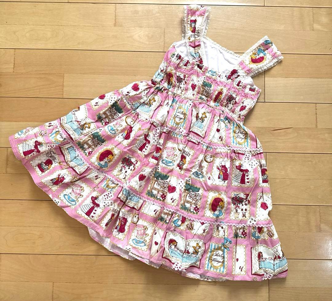 美品　シャーリーテンプル　不思議の国のアリス 絵本プリントワンピースピンク140