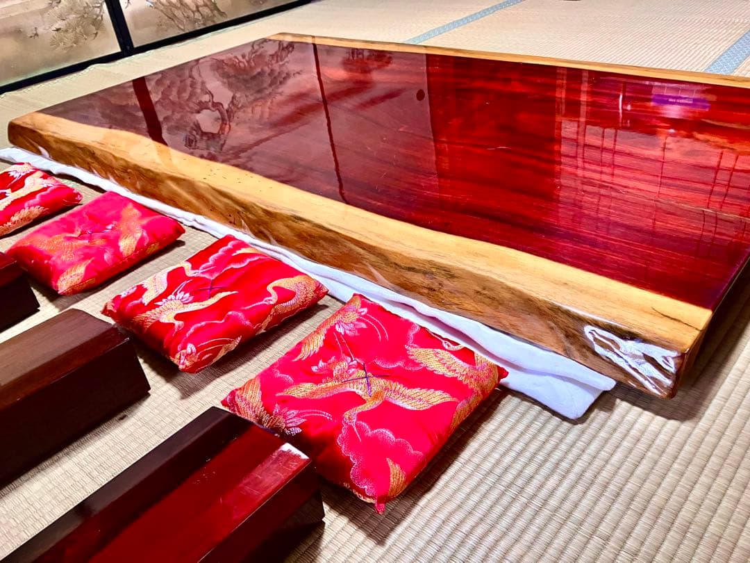 天然木一枚板 座卓テーブル 脚・座卓脚用小座布団付き