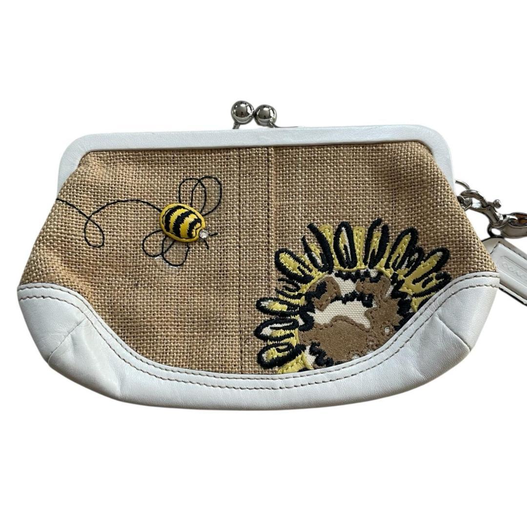 コーチ　がま口 花刺繍 蜂 キャンバス レザー ポーチ