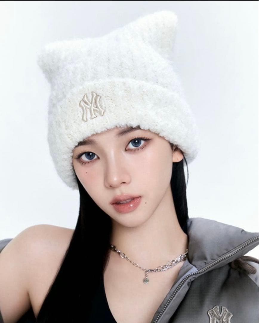 MLB ビーニー 猫耳 ホワイト ニット帽 韓国 karina