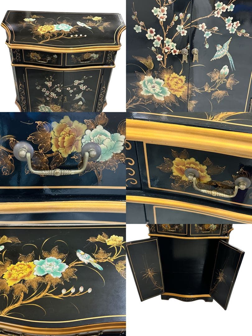 逸品 黒漆 中国美術 花鳥文様 キャビネット箪笥/アンティーク