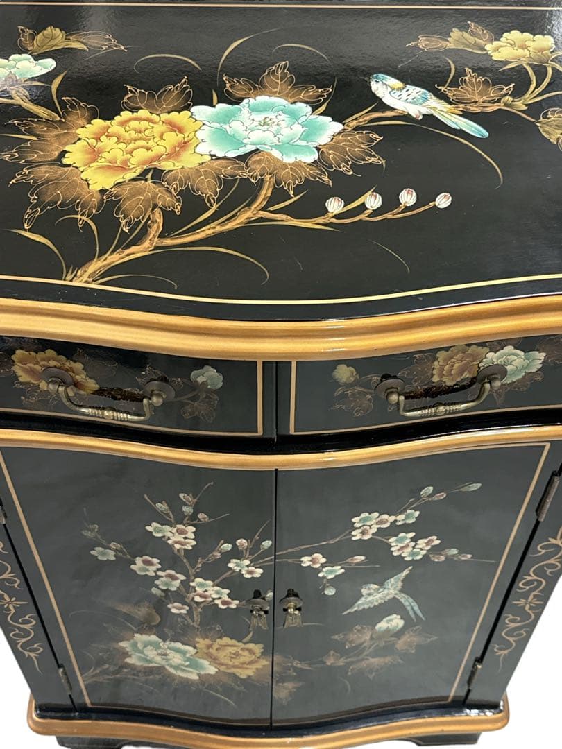 逸品 黒漆 中国美術 花鳥文様 キャビネット箪笥/アンティーク