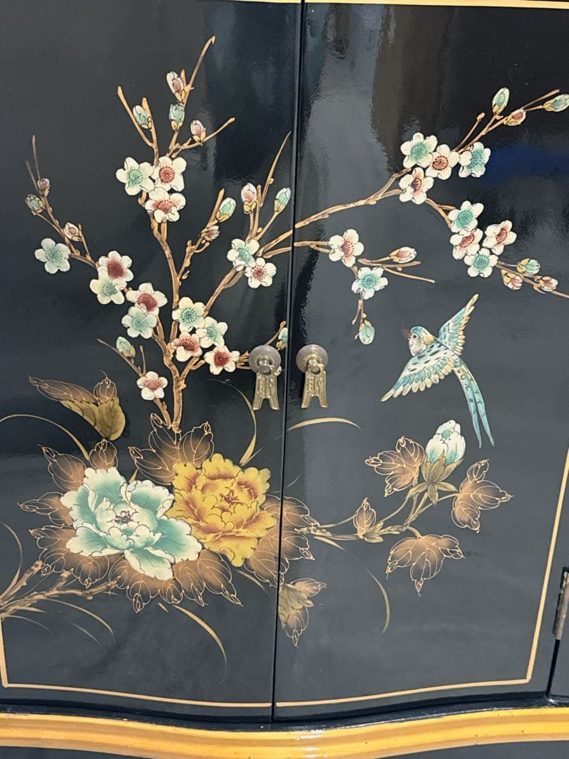 逸品 黒漆 中国美術 花鳥文様 キャビネット箪笥/アンティーク