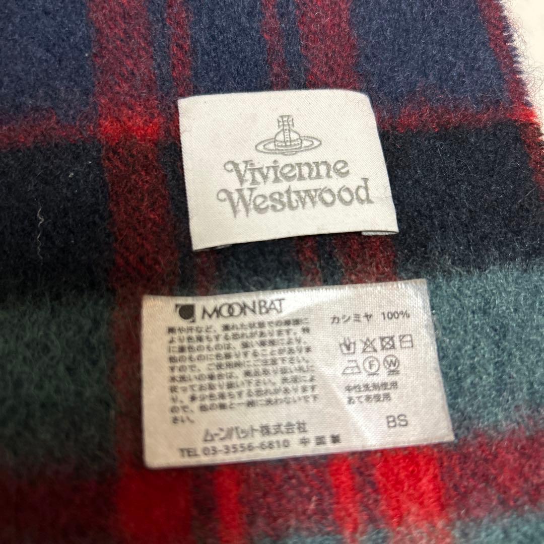 極上美品　ヴィヴィアンウエストウッド チェック柄カシミヤマフラー オーブ刺繍入り