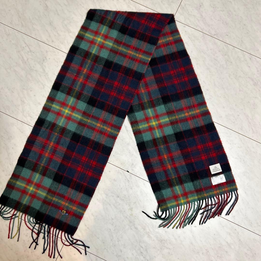 極上美品　ヴィヴィアンウエストウッド チェック柄カシミヤマフラー オーブ刺繍入り