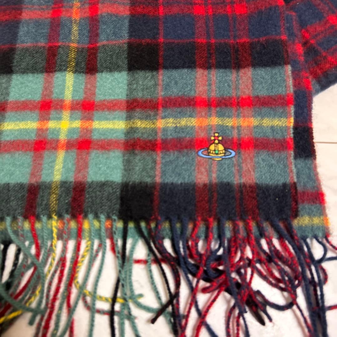 極上美品　ヴィヴィアンウエストウッド チェック柄カシミヤマフラー オーブ刺繍入り