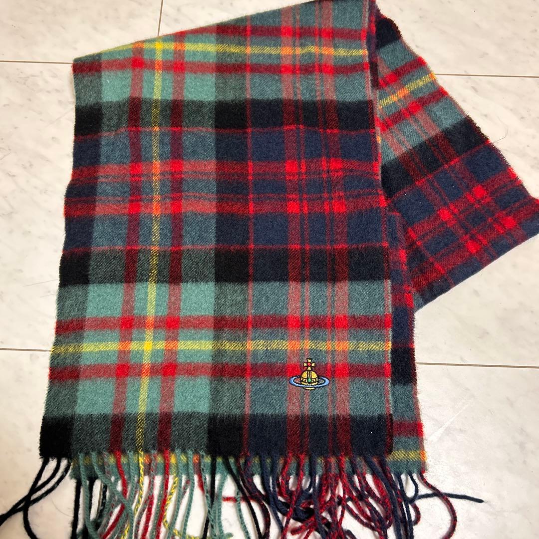極上美品　ヴィヴィアンウエストウッド チェック柄カシミヤマフラー オーブ刺繍入り