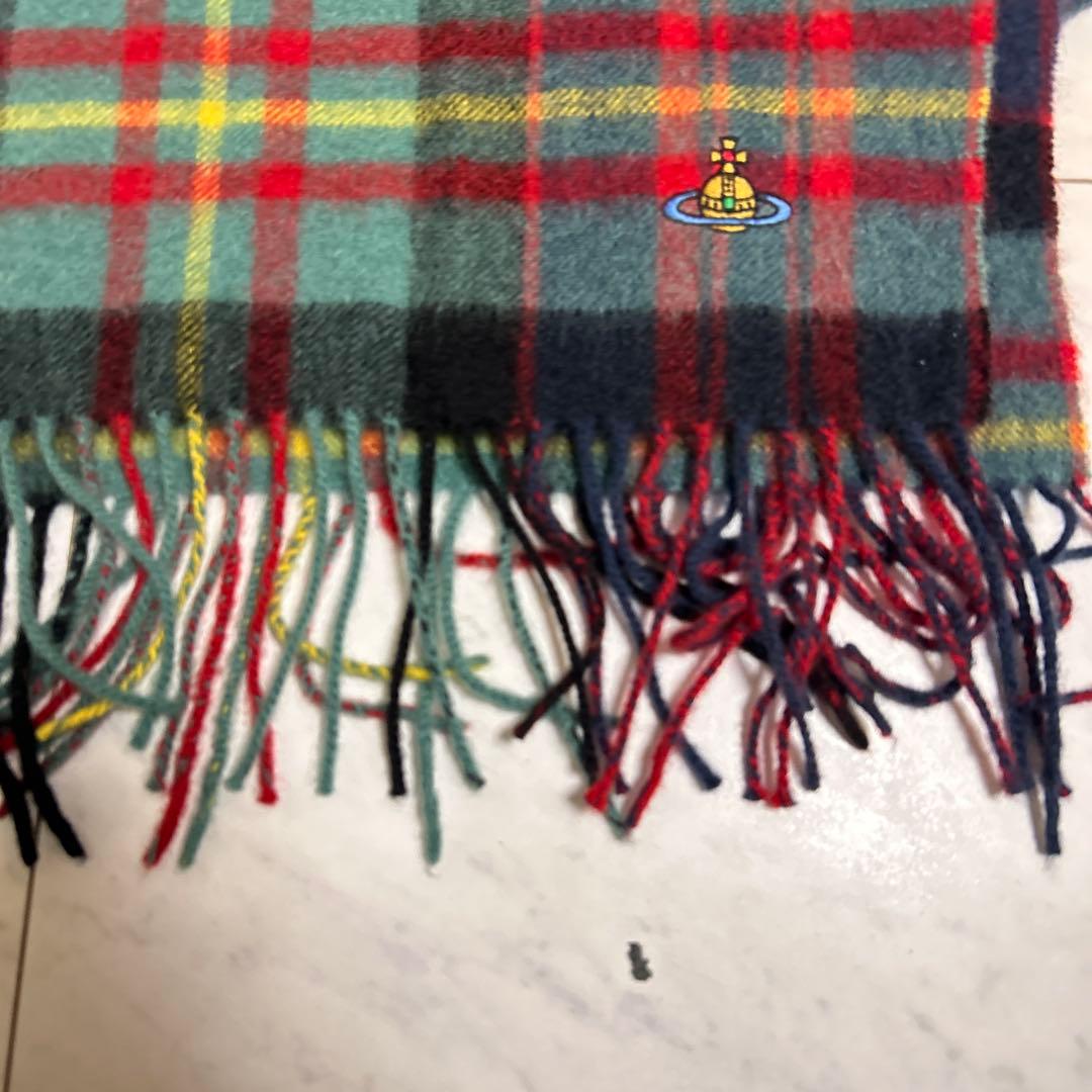 極上美品　ヴィヴィアンウエストウッド チェック柄カシミヤマフラー オーブ刺繍入り
