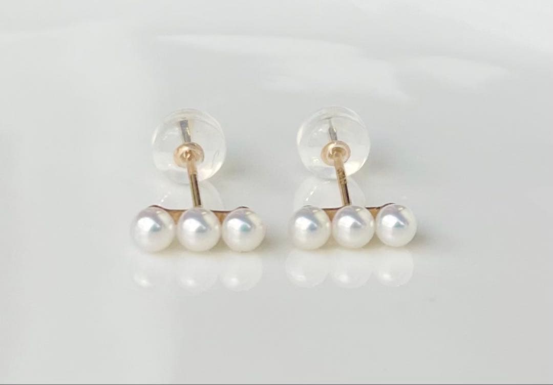 ミラー調本真珠 ほぼ無傷 k18 18金 ミニマルデザイン ピアス 一点物