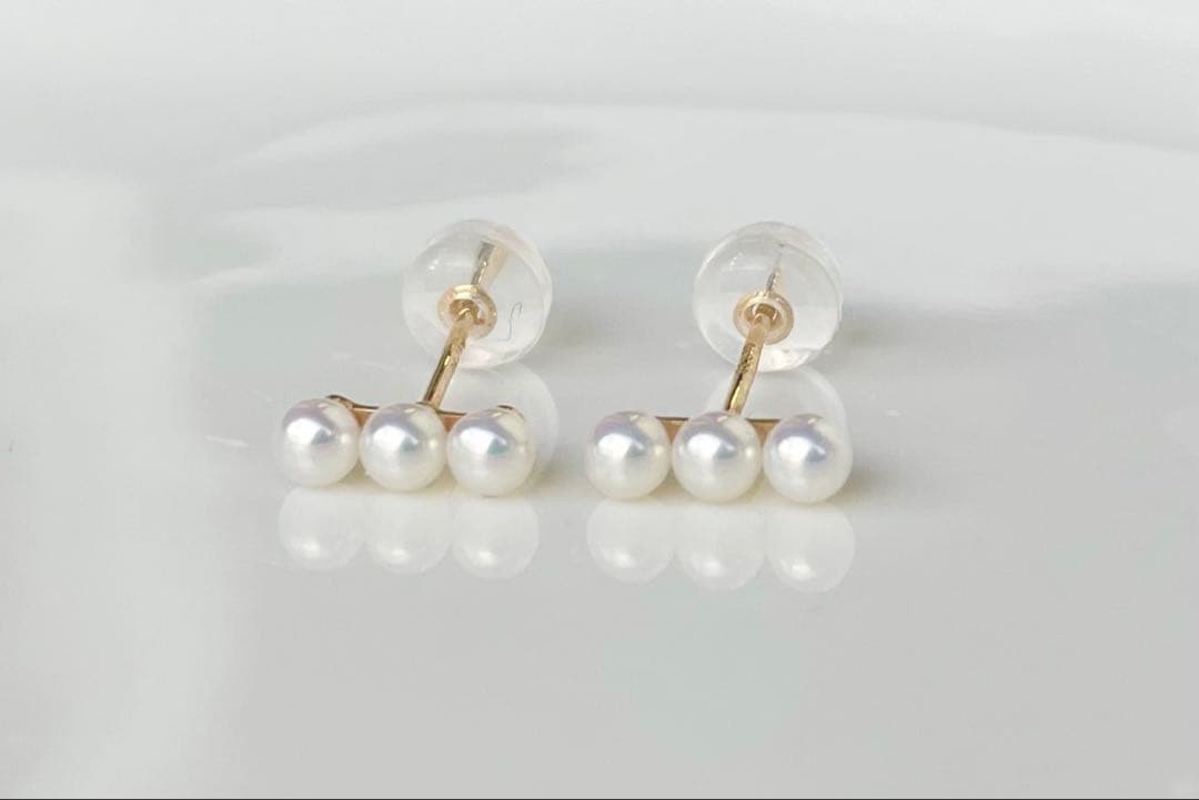 ミラー調本真珠 ほぼ無傷 k18 18金 ミニマルデザイン ピアス 一点物