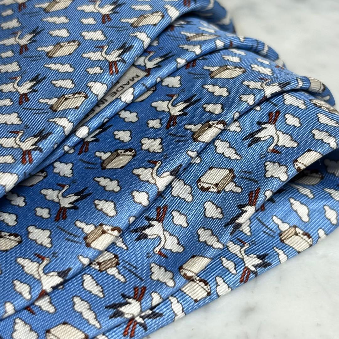 HERMES ネクタイ ブルー カモメ カバン 雲 フランス製