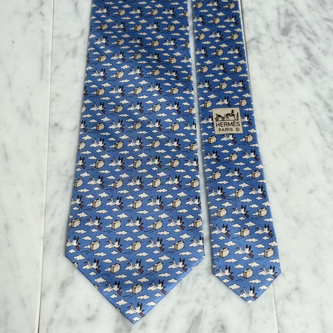 HERMES ネクタイ ブルー カモメ カバン 雲 フランス製