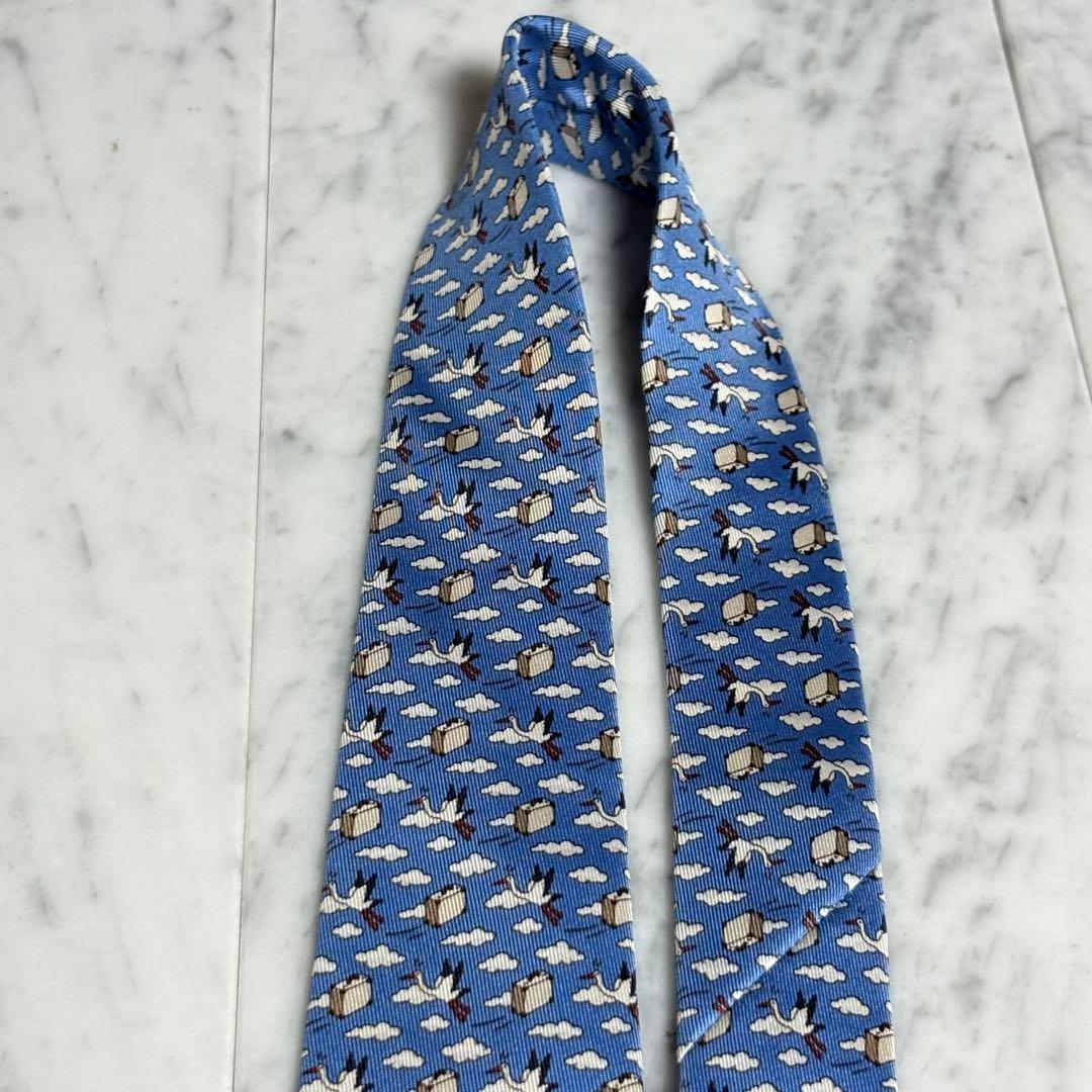 HERMES ネクタイ ブルー カモメ カバン 雲 フランス製