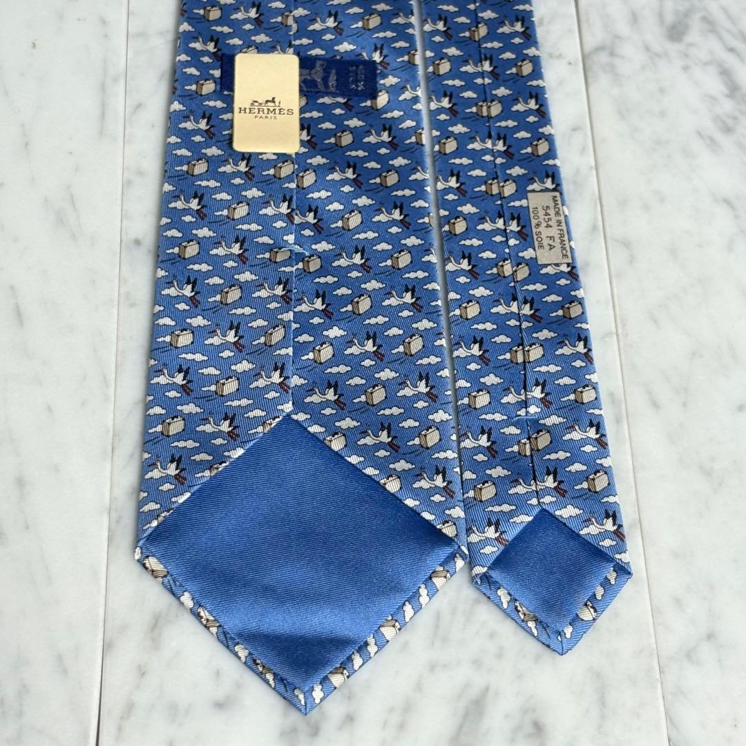 HERMES ネクタイ ブルー カモメ カバン 雲 フランス製
