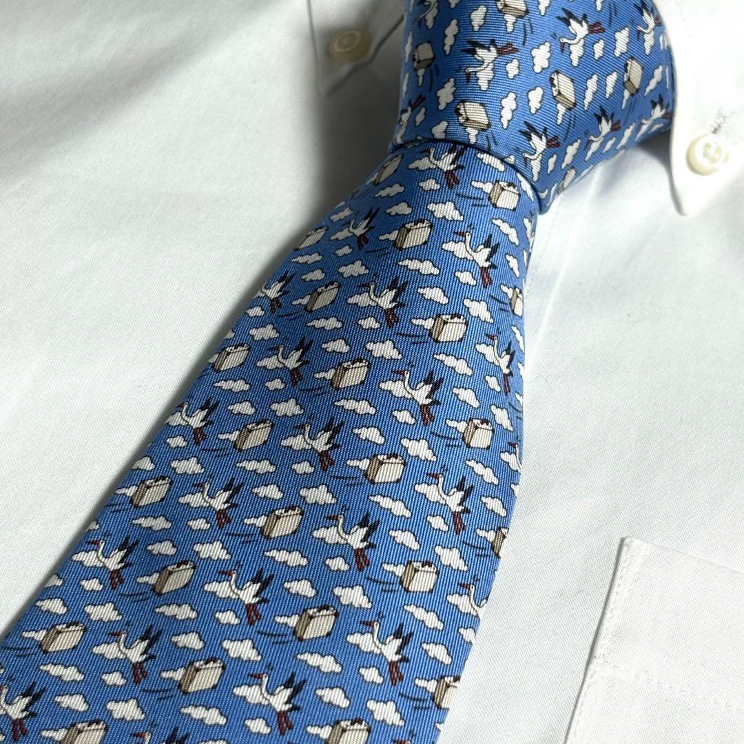 HERMES ネクタイ ブルー カモメ カバン 雲 フランス製