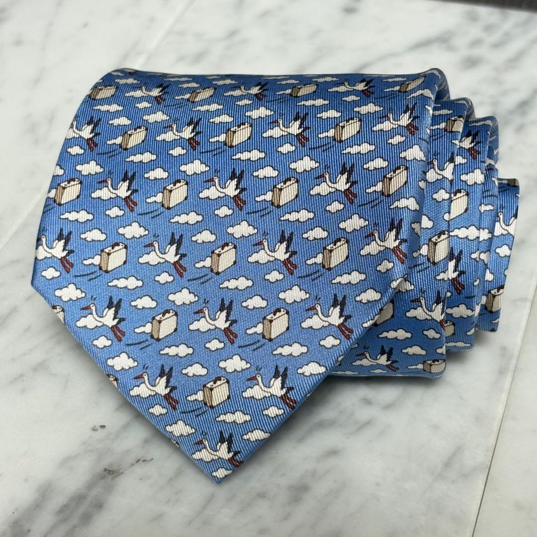 HERMES ネクタイ ブルー カモメ カバン 雲 フランス製