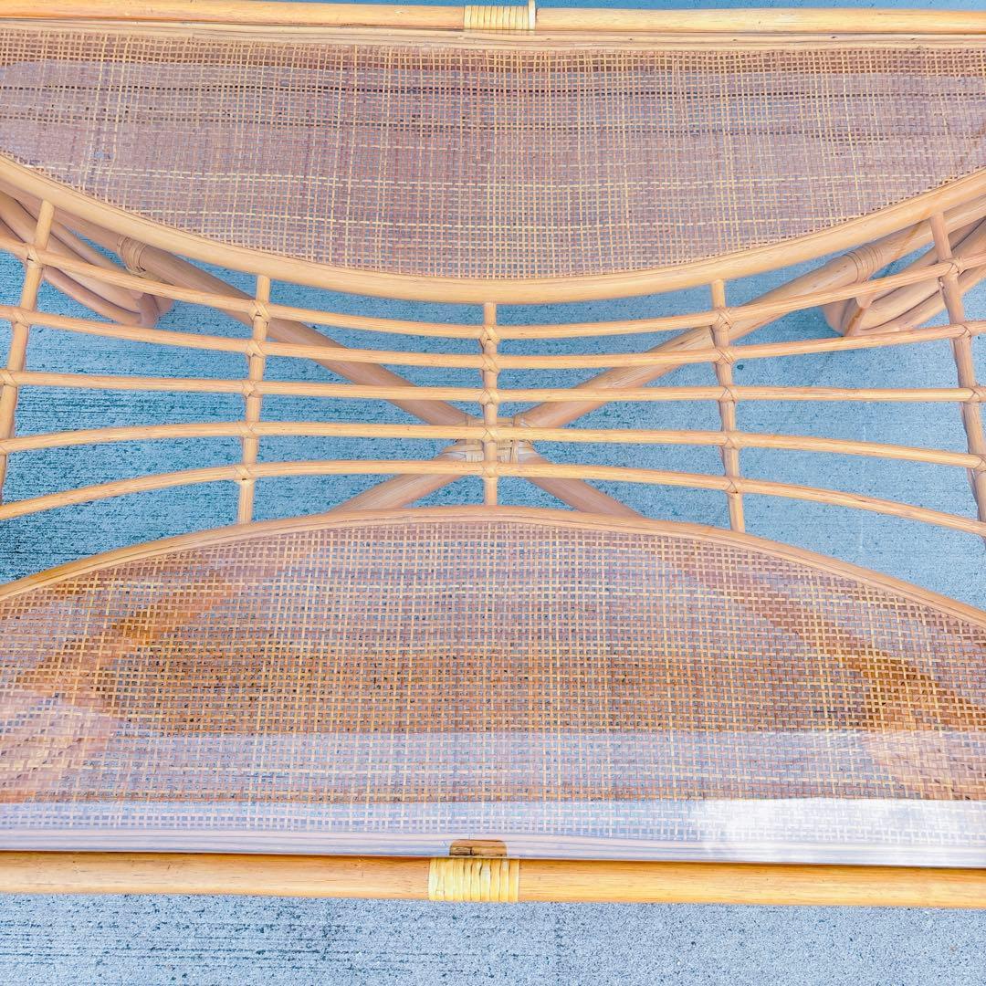 【チワワ様】流線デザイン ラタンガラスローテーブル 藤家具 古民具 昭和レトロ