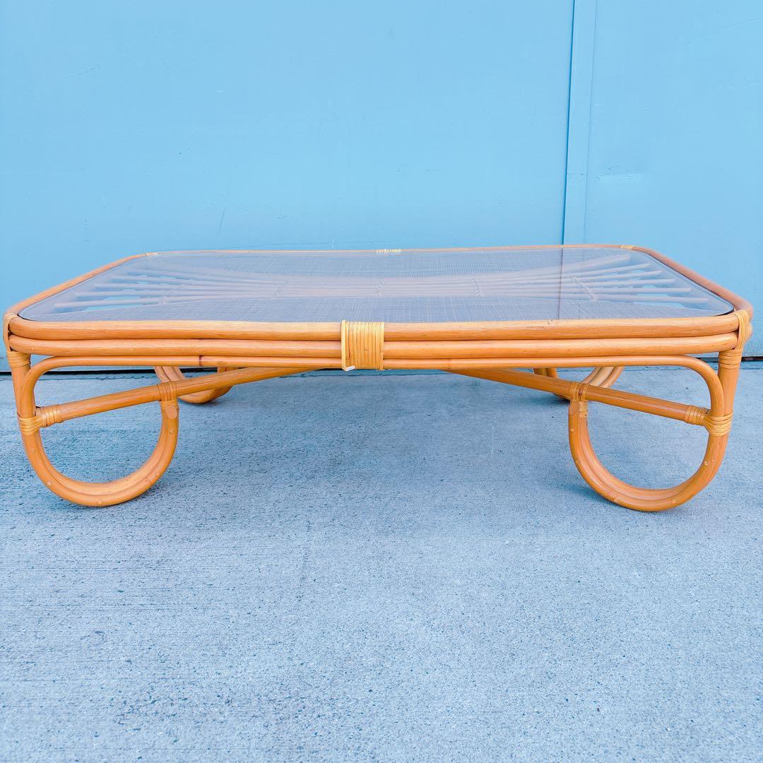 【チワワ様】流線デザイン ラタンガラスローテーブル 藤家具 古民具 昭和レトロ