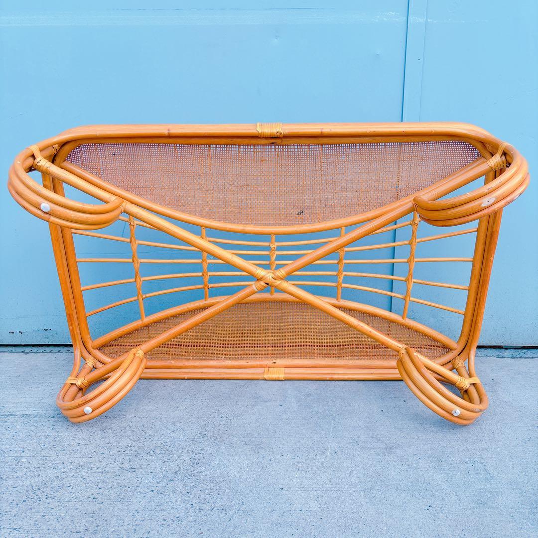 【チワワ様】流線デザイン ラタンガラスローテーブル 藤家具 古民具 昭和レトロ