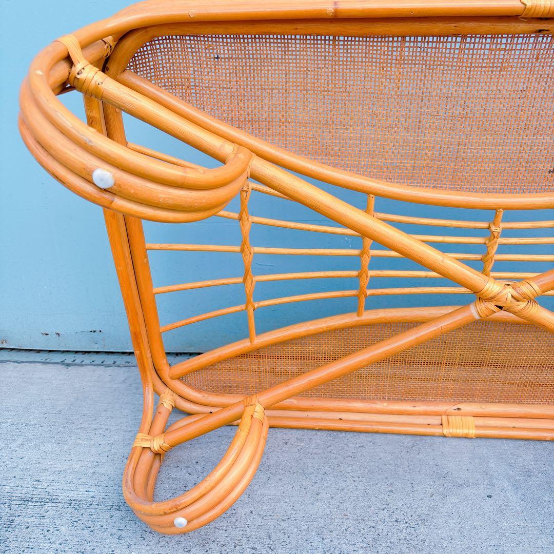 【チワワ様】流線デザイン ラタンガラスローテーブル 藤家具 古民具 昭和レトロ