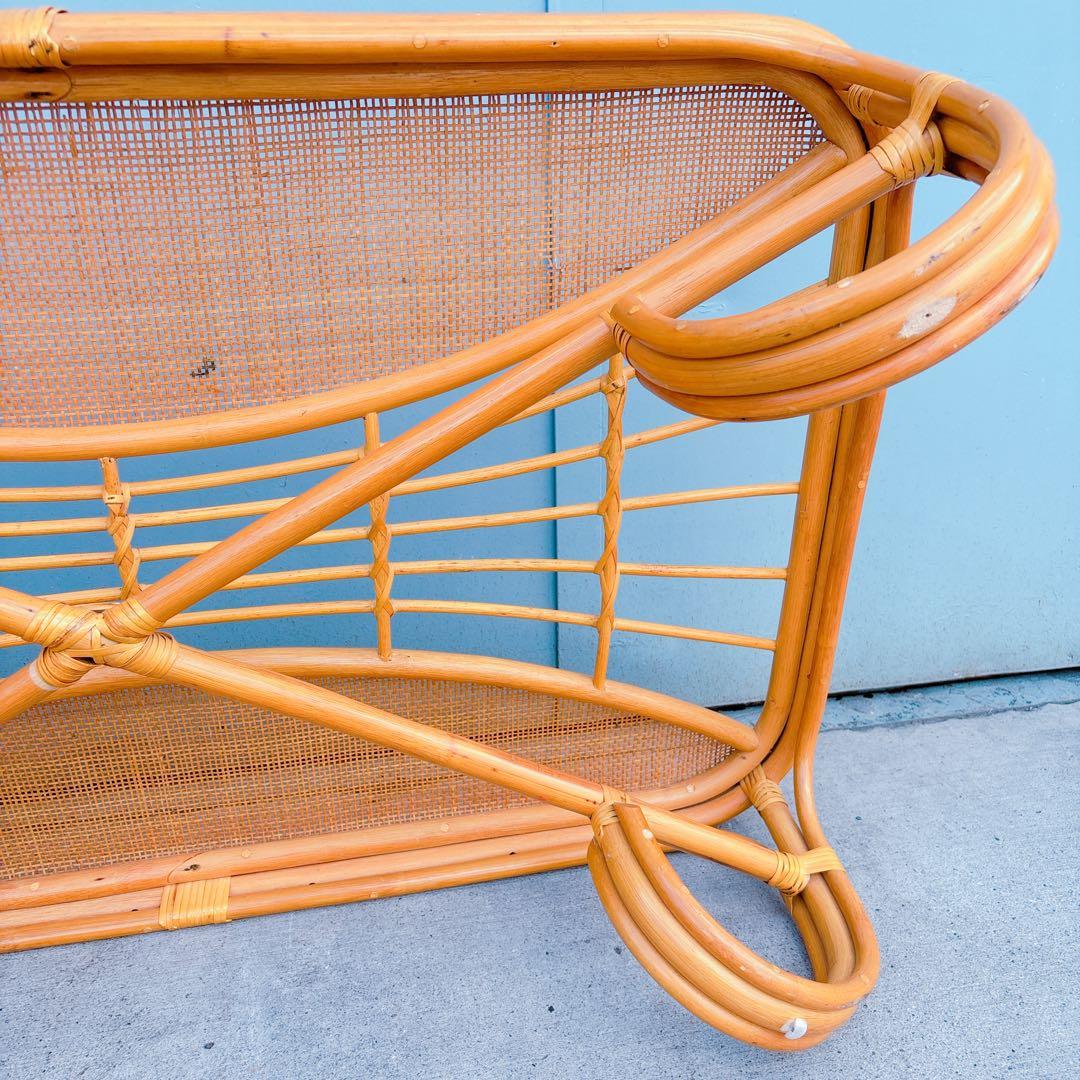 【チワワ様】流線デザイン ラタンガラスローテーブル 藤家具 古民具 昭和レトロ