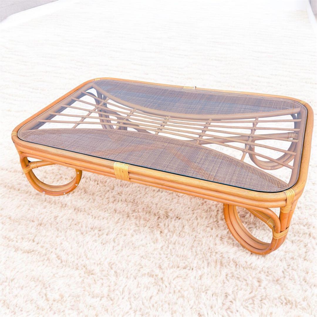 【チワワ様】流線デザイン ラタンガラスローテーブル 藤家具 古民具 昭和レトロ