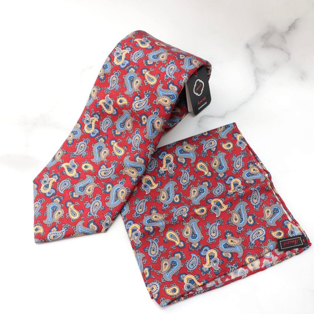 未使用 ASCOT ペイズリー柄 レッド ネクタイとポケットチーフ
